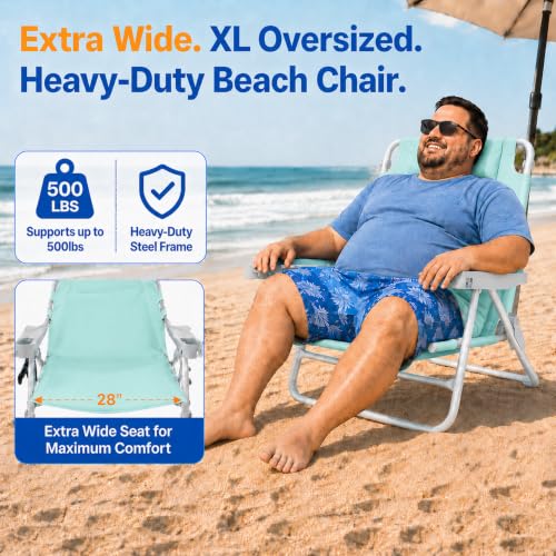 Image of SUNNYFEEL XL 28 inch Extra Wide Beach Chair for Adults,Low Backpack Beach Chair | 5-Position Lay Flat Reclining, 500 lb Heavy Duty Folding Chair with Pillow & Cup Holder, Teal
