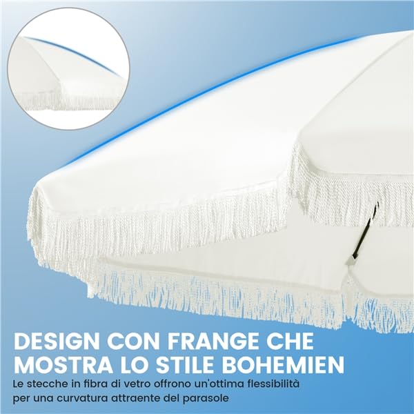 Yaheetech Ombrellone da Spiaggia Giardino Inclinabile con Frange 215 cm in Poliestere e Metallo con Borsa per Trasporto Protezione UV Esterno Cortile Piscina Crema