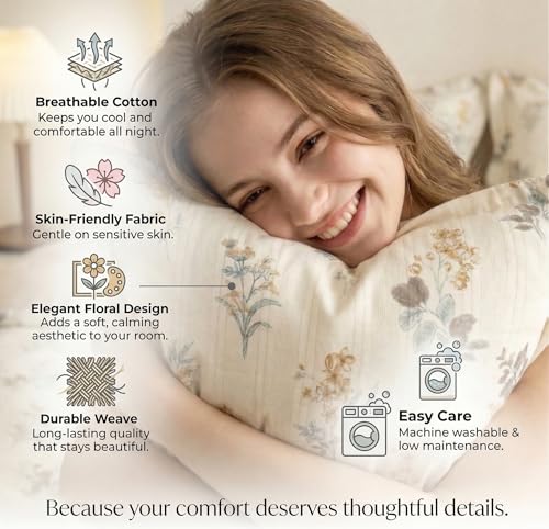 Image of VAS COLLECTIONS King Size Bedsheet Set Cloud Cotton 270x240 cm | Soft Breathable Flat Bed Sheet with 2 Pillow Covers | Floral Printed Bedsheet for King Bed | Durable Bedding Set, Botanical Mustard