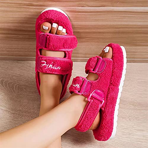 Women's Fuzzy Slides Fluffy Faux Fur Slippers Open Toe Adjustable Cork Slide Sandals with Arch Support Cozy Yoga Mat Indoor Outdoor Shoes2