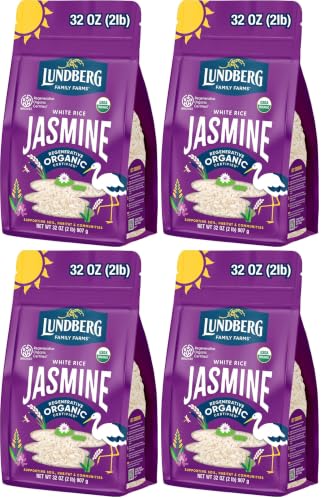 Image of Lundberg Jasmine Rice, Regenerative Organic Certified - Non-Sticky, Aromatic Long-Grain White Rice, Responsibly Grown in California, 32 Oz (Pack of 4)