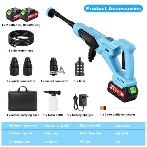 Nettoyeur Haute Pression sans Fil 120Bar/1700PSI,Pistolet Haute Pression sur Batterie 21V Moteur Cuivre,Buse 6-en-1,2x3.0Ah,Tuyau 5m,Débit 6L/Min,Filtre,pour Auto/Jardin/Terrasse-Noir Profond