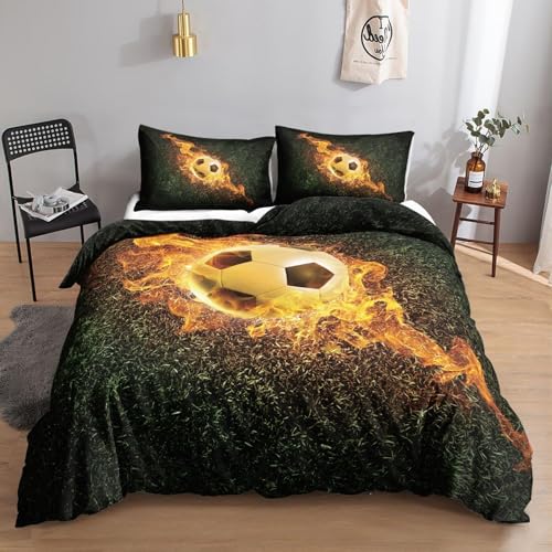 SJSXWQN Housse de Couette 140x200 cm Enfant Ballon De Foot Enflammé Parure de Lit 2 Personnes avec Fermeture Éclair Doux Respirant Microfibre Housse de Couette et 2 Taie d'oreiller 65x65 cm