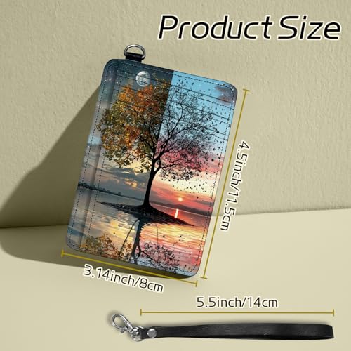 Image of Small Travel Wallets, Day and Night Art Tree Slim Minimalist Front Pocket Wallet with Wristlet, RFID Blocking PU Leather Credit Card Holder with ID Window Change Purse for Men Women