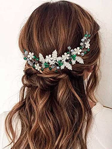IYOU Flower Wedding Hair Vine Green Crystal Hair Accessories Bride Bridesmaid Headband Headpiece for Women - Image 3