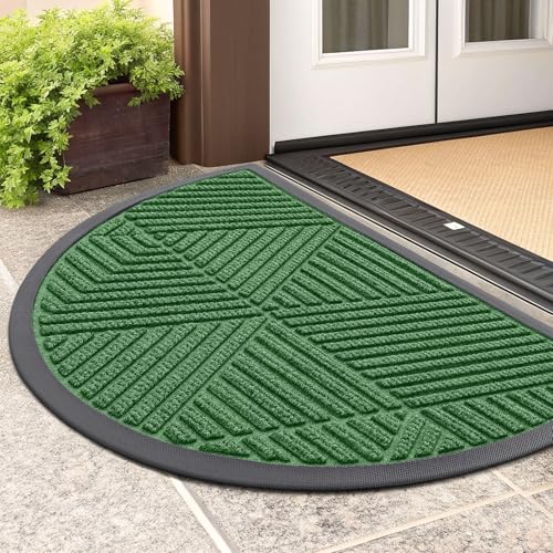 Image of Smiry Half Circle Front Door Mat Outside Entrance, Heavy Duty Sturdy Natural Rubber Doormat, Trap Dirt and Moisture, Low Profile Mats for Indoor Outdoor Entry, Irregular Triangle (29.5x17, Green)