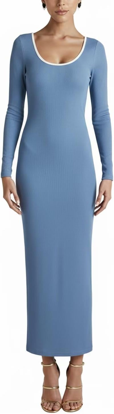 Women's Long Sleeve Bodycon Dress Crew Neck Ribbed Knit Maxi Dresses Back Cutout Party Dress