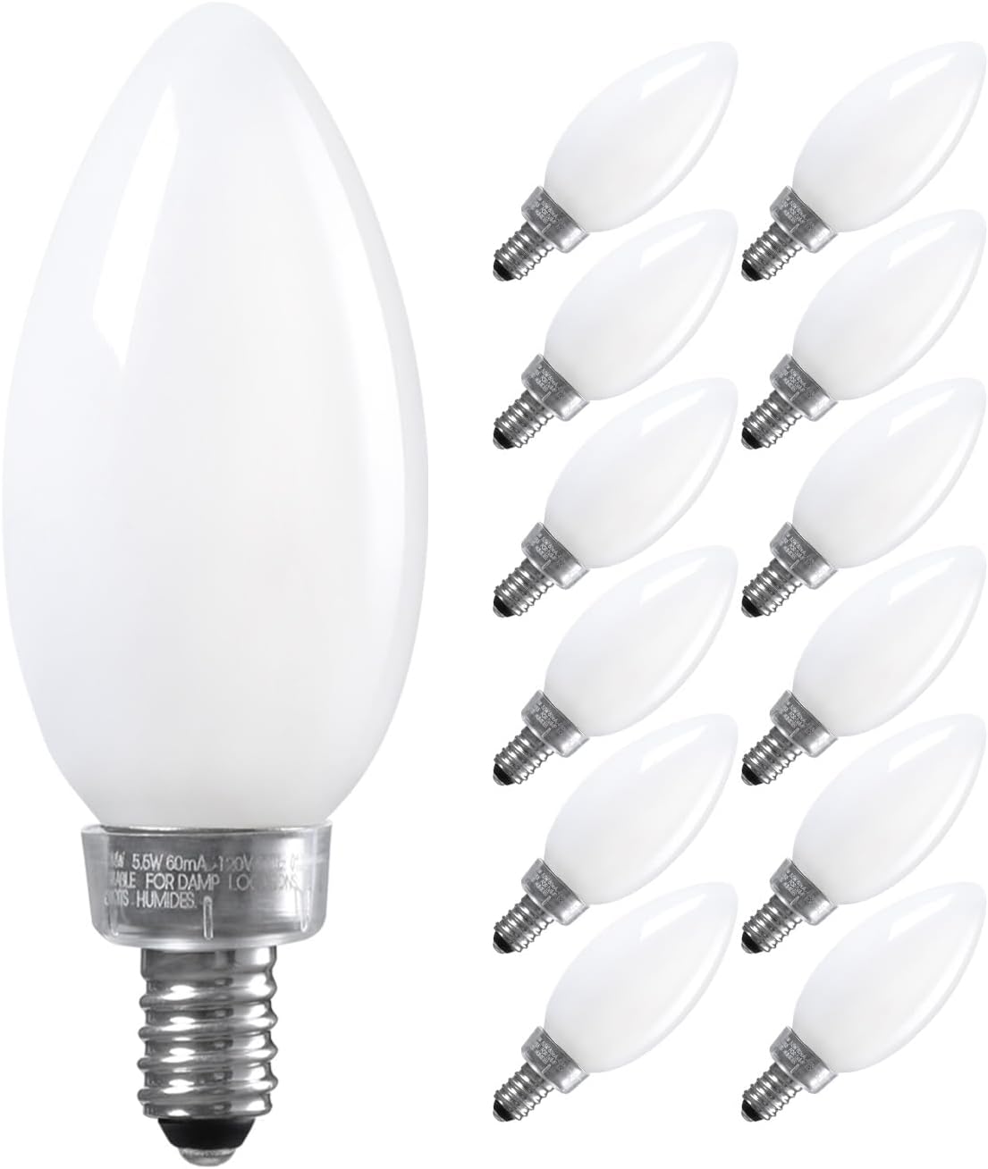 TORCHSTAR 12-Pack Dimmable E12 LED Candelabra Bulb, UL Listed, 60W Equivalent Chandelier Light Bulbs, 550LM, LED Filament Candle Bulb C11, Frosted Glass Ceiling Fan Light Bulbs, 2700K Soft White