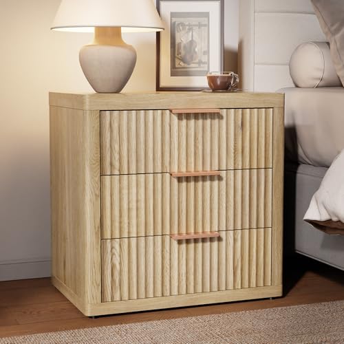 LOOMORA Night Stand with 3 Drawers, 23" Wide Modern Nightstand with Large Storage, Fluted Bed Side Table with Metal Handle, End Table Tall Nightstand for Bedroom, Living Room, Office, Nature