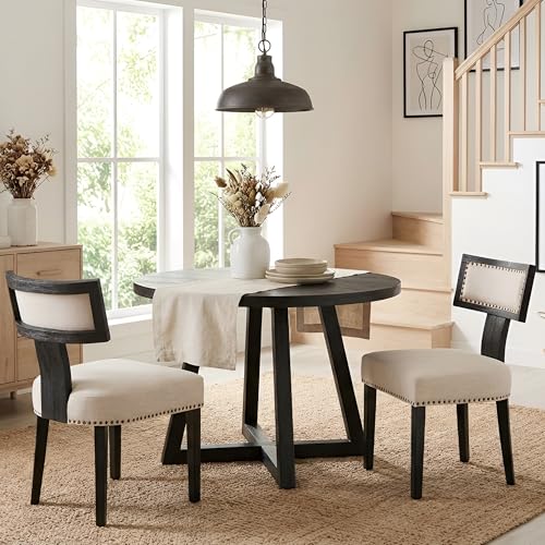 Image of HNY Mid Century Modern Dining Chairs Set of 2, Farmhouse Linen Fabric Upholstered Accent Chairs Curved Nailhead Trim Backrest Kitchen Chairs, with Black Hardwood Frame, Beige