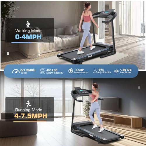 Image of Incline Treadmill Foldable, Smart Portable Treadmills for Home with Body Fat Measurement & Heart Rate Sensor, 3.5HP Heavy Duty Folding Treadmill 400 LB Capacity with Silent Shock Absorption