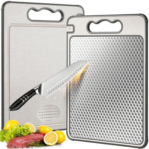 Tábua de Corte, Tabua de Carne, Tabua de Cozinha, Tábuas Dupla Face, Aço Inoxidável e PP, com Afiador Placa, Canaletas e Alça, para Carnes, Frutas e Vegetais
