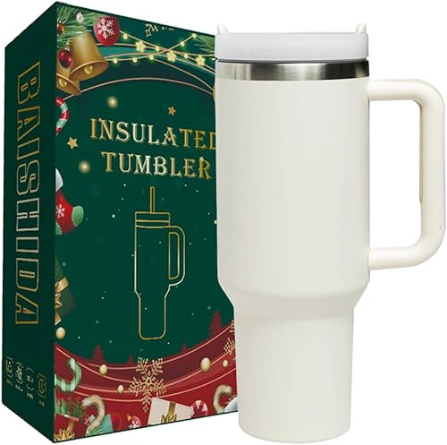 Vaso de Navidad de 40 onzas con asa y pajita, vaso de acero inoxidable con tapa y pajilla, taza para automóvil, deportes al aire libre, viajes,