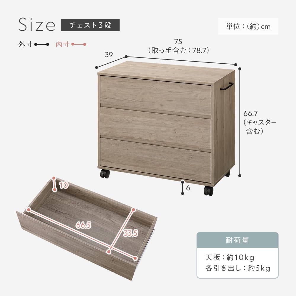 Amazon｜RASIK チェスト キャスター付き 引き出し 3段 棚 約幅75×奥行