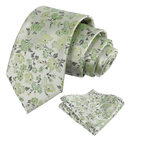 Alizeal Mens 3.15inches Chic and Refreshing Flower Patterned Tie with Floral Printed Pocket Square Light Green