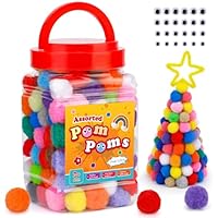 300 Stück Pompons, 25mm Bunte Pompons Zum Basteln, Kleine Pompoms Mit 100 Stück Wackelaugen (5/6/7/8 mm), Pompoms Bälle für Weihnachten, DIY Kreativen Handwerk Dekorationen