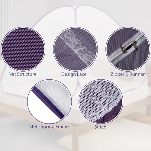 Image of Wakefit Mosquito Net for Double Bed | Queen Size Foldable Machardani | Polyester 30GSM Strong Net | Lightweight Breathable & Washable | PVC Coated Corrosion Resistant Steel Wire | Purple | 200x180 CM