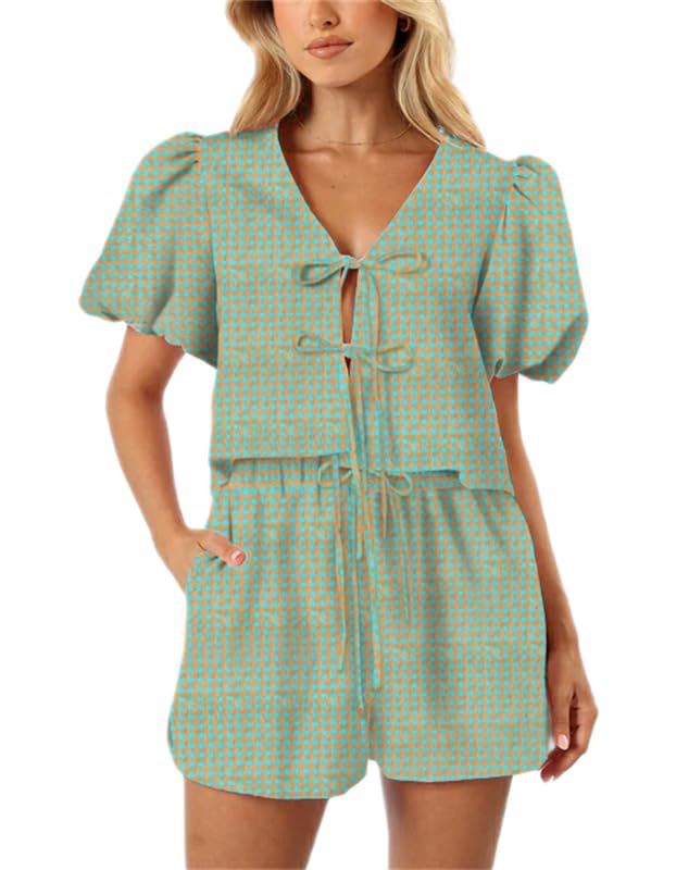 Image of Yuemengxuan Women Y2k Two Piece Plaid Lounge Sets Puff Sleeve Tie front Blouse Top High Waist Shorts Casual Pajamas Sets
