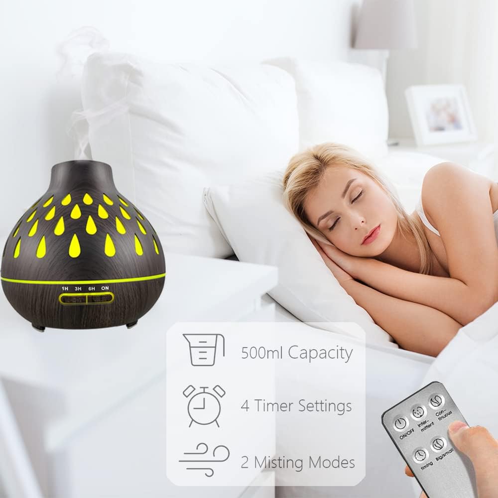 Essential Oil Diffuser Ultrasonic Humidifier,Remote Control, , Aromatherapy Diffusers with LED Lights and Waterless Auto-Off, for Bedroom, Office, Yoga Room (500ml)… (Dark Brown)