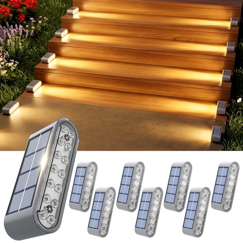 XILLUMI CORE Solar Step Lights for Outside, 8-Pack Stair Light Outdoor Waterproof IP67, 14 LED Warm...