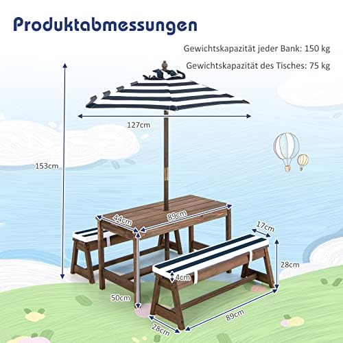Set di seggiolini per bambini, tavolo da picnic con panche, cuscino e ombrellone, set di seggiolini per bambini in legno, set di sedute per esterni, mobili da giardino per giardino, cortile, terrazza