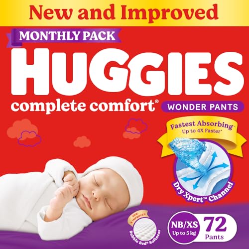 Image of Huggies Complete Comfort Wonder Pants | Pant Style Baby Diapers New Born / XS Size, 72 Count | India's Fastest Absorbing Diaper, Patented Dry Xpert Channel, Ideal for 0-5 Kgs