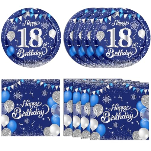 40PCS Happy 18th Birthday Decrations for Men Women Blue and Silver Themed Disposable Party Favors Includeing Plates and Napkins for Eighteen Year Old Party Decorations