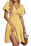 PLMOKEN Robes dete pour Femmes Robes de Plage Sexy à Manches volantées Encolure en V et Taille Empire avec Poches Fleur Jaune M