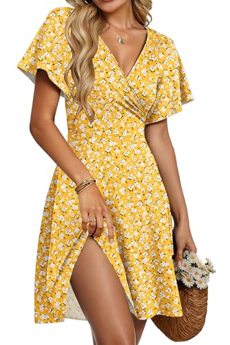 PLMOKEN Summer Dresses Women UK Short Sleeve Mini Beach Holiday Dresses Deep V Neck Ladies Wrap Dress with Pockets Floral Yellow L