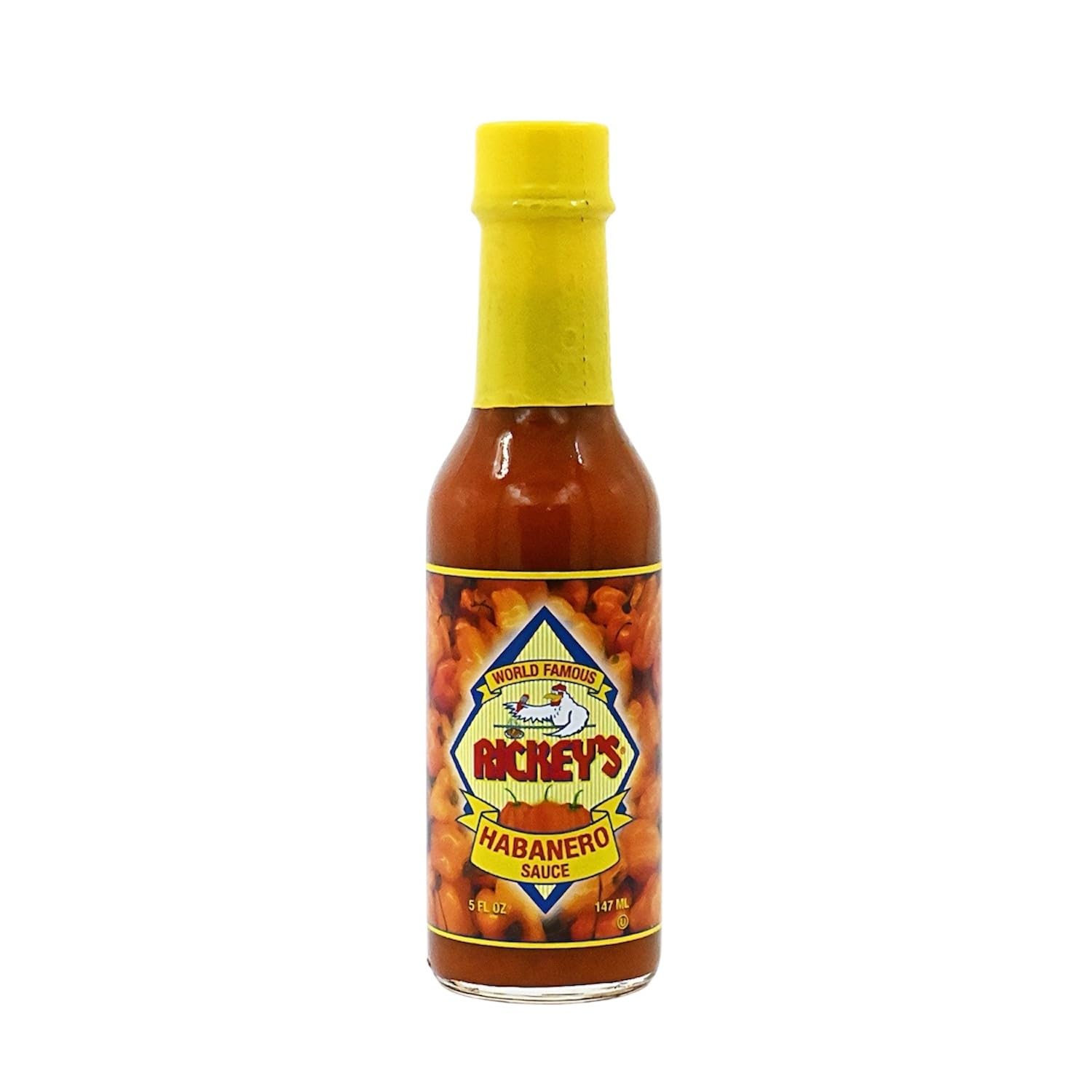 RICKEY'S World Famous Habanero Sauce, Gourmet Hot Sauce with Aged Habanero Peppers, Distilled Vinegar, Salt, Vegetable Blend, Lime Juice, Granulated Garlic, Extra Hot Flavor Experience, in a Bottle, 5 oz.