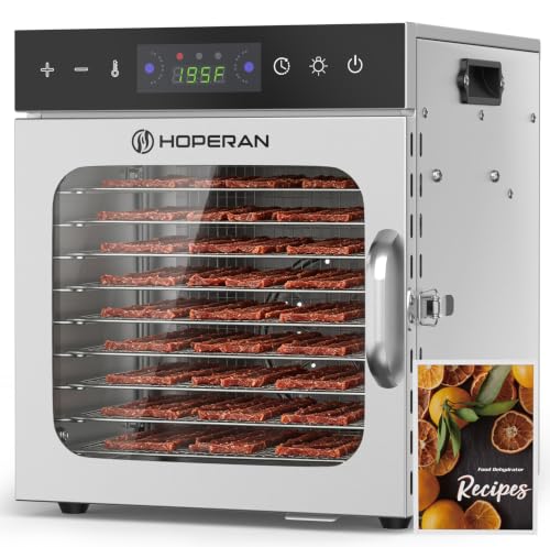 Image of HOPERAN 10 Tray Food Dehydrator Machine for Jerky, Fruit, Herb & Dog Treats | Stainless Steel, Max.196℉ Digital Temperature & Timer Control, 400W, Quiet <48dB, Including 2 Mesh Screens, 1 Fruit Roll Tray