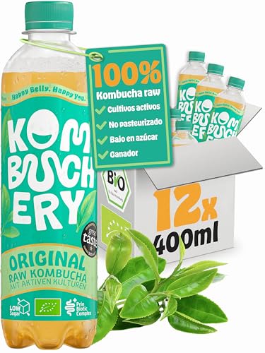 KOMBUCHERY® Kombucha de Té Verde ORGÁNICO crudo | 12 x 400 ml | Té fermentado con cultivos activos para el intestino | Bajo en azúcar y en calorías | Sin pasteurizar, probiótico