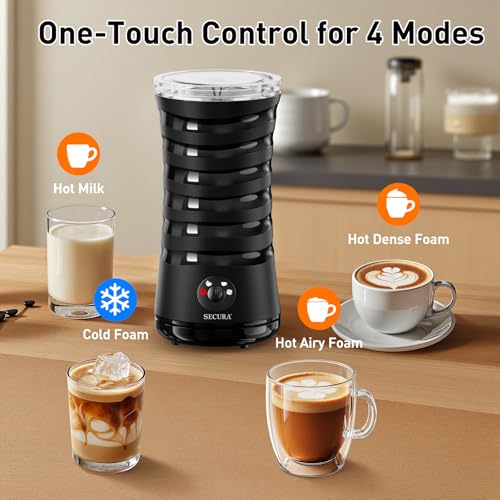 Image of Secura Electric Milk Frother, Automatic Milk Steamer, 4-IN-1 Hot & Cold Foam Maker-8.4oz /240ml Milk Warmer for Latte, Cappuccinos, Macchiato with Silicone Spatula, Quiet Operation & Shut-off (Black)