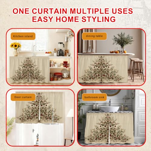 Image of Self Adhesive Vintage Evergreen Tree Cabinet Curtain for Mother's Day, 39x28 Inch Rustic Pine Under Sink Skirt No Drill, Spring Cleaning Kitchen Decor, Hook and Loop Laundry Valance