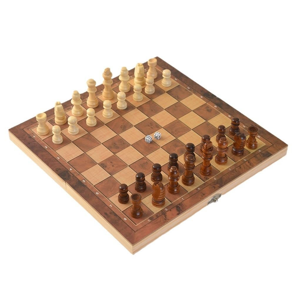Scacchiera pieghevole in legno 3 in 1, gioco di scacchi, backgammon, dama, giocattolo educativo for l'apprendimento e il divertimento in famiglia. scacchiera portatile(29 * 29 * 2cm)