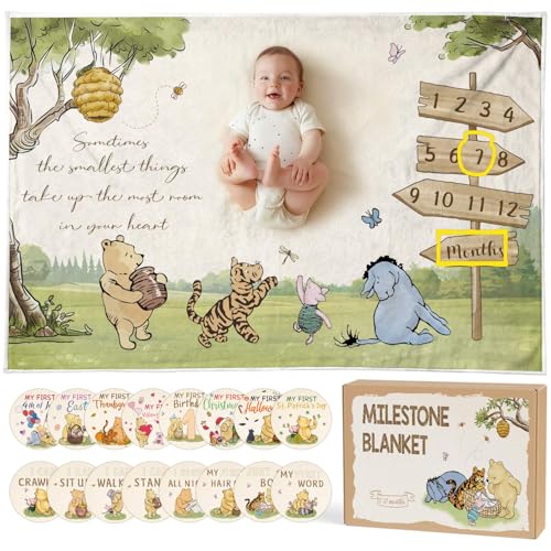Image of Classic Winnie Bear Baby Monthly Milestone Blanket, Neutral Vintage Bear Quotes Soft Flannel Milestone Blanket with Gift Box Holiday Signs Felt Marker for Winnie Nursery Decor Baby Stuff 60 x 40Inch