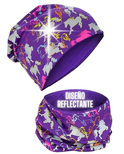HECKBO Gorro y Braga Infantil Caballo – Reflector 360° – Elástico – 2–8 años – Perfecto para hípica, establo y looks outdoor (48–54 cm)