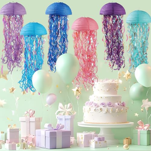 Image of 6pcs Mermaid Birthday Decoration, Jellyfish Paper Lamp, 10 Inch Pink Purple Blue Pink Pendant Lamp, Mermaid Baby Bath Theme, Under The Ocean Birthday Party Decoration, KSUS-34