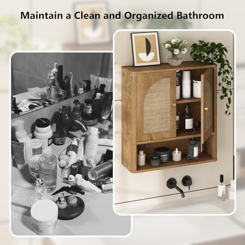 Armario de baño mural RUSTOWN de ratán con 2 puertas arqueadas y estante ajustable | Armarios de almacenamiento sobre inodoro, armario de medicamentos moderno con bordes redondeados, organización para baño estilo mid-century miniatura 4