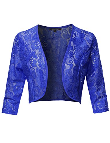 3/4 Sleeve Floral See-Through Lace Shrug Bolero Cardigan Top - Made in USA Royal S