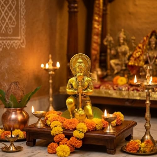 Image of Divine Hanuman Ji Idol in Golden Finish | Kneeling Pose Hanuman Murti for Home Temple Pooja Room Decor | Resin Bajrangbali Figurine for Devotional Gift & Spiritual Strength Display
