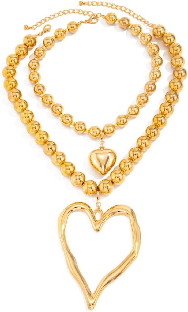Chunky Gold Heart Necklace Y2k Large Hearts Pendant Necklaces Exaggerated Layered Necklace Beaded Statement Choker Necklaces Fashion Jewelry Accessary for Women - Image 4