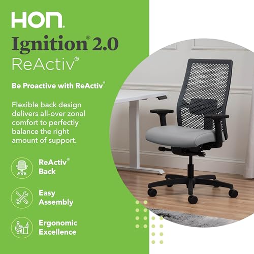 Image of HON Ignition 2.0 ReActiv Ergonomic Office Chair, Mesh Desk Chair with Lumbar Support, Advanced Synchro‑Tilt, Height and Width Adjustable Arms, Swivel Wheels, Black Frame, Steel