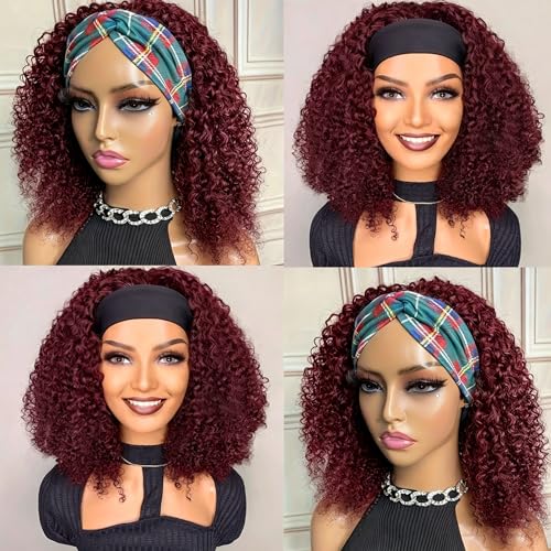 Image of 99J Burgundy Kinky Curly Headband Wig Human Hair 99J Kinky Curly Human Hair Wigs for Black Women 26 Inch Glueless Machine Made Brazilian Curly Headband Wig 150% Density