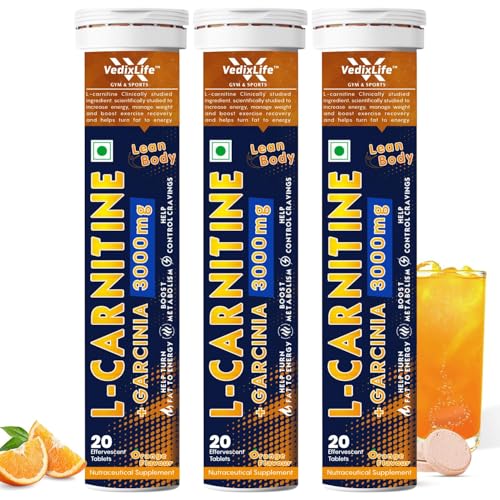 Image of L Carnitine 3000mg Effervescent Tablets | L Carnitine Supplement with Garcinia Cambogia | Fat Burner for Weight Loss, Energy & Lean Body | Orange Flavour, 20 Tabs (Pack of 3)