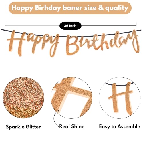 Image of Happy Birthday Decoration Kit for Baby Teenage Girls Men Women Adults Home Table Year With 30 Pc Pink Purple Rose Gold Balloons 1 Pc Rose Gold Happy Birthday Cursive Banner Items Set Combo