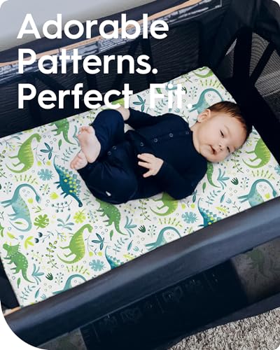 Image of Dinosaur Pack N Play Sheets Fitted, Ultra Soft Mini Crib Sheets for Boy, Premium Jersey Knit Pack and Play Sheets, Stretchy Neutral Play Yard Sheets for Pack and Play Mattress, 2 Pack