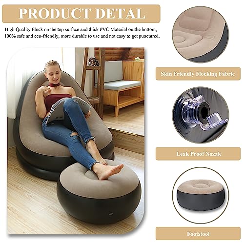 Image of PVC Inflatable Deck Chair with Air Pump, Lounger Sofa for Indoor Living Room Bedroom, Outdoor Travel Camping Picnic Beach Chaise Lounges(Brown 2)