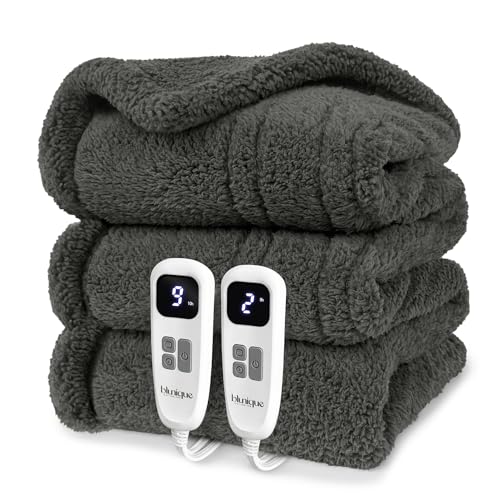 blunique Heated Blanket Electric Blanket Queen - Fast Heating Blanket Throw Dual Control Double Sided Sherpa with 10 Heating Levels & 2-10 Hours Auto Off, Mashine Washable, 84 x 90 Inches, Grey