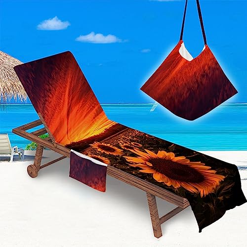 Morbuy Serviette de Plage avec Poche - Housse Chaise de Plage, Motif Tournesol Housse de Protection pour Chaise Longue/Housse de Transat Microfibre Pliable pour Été Vacances (Coucher de Soleil)